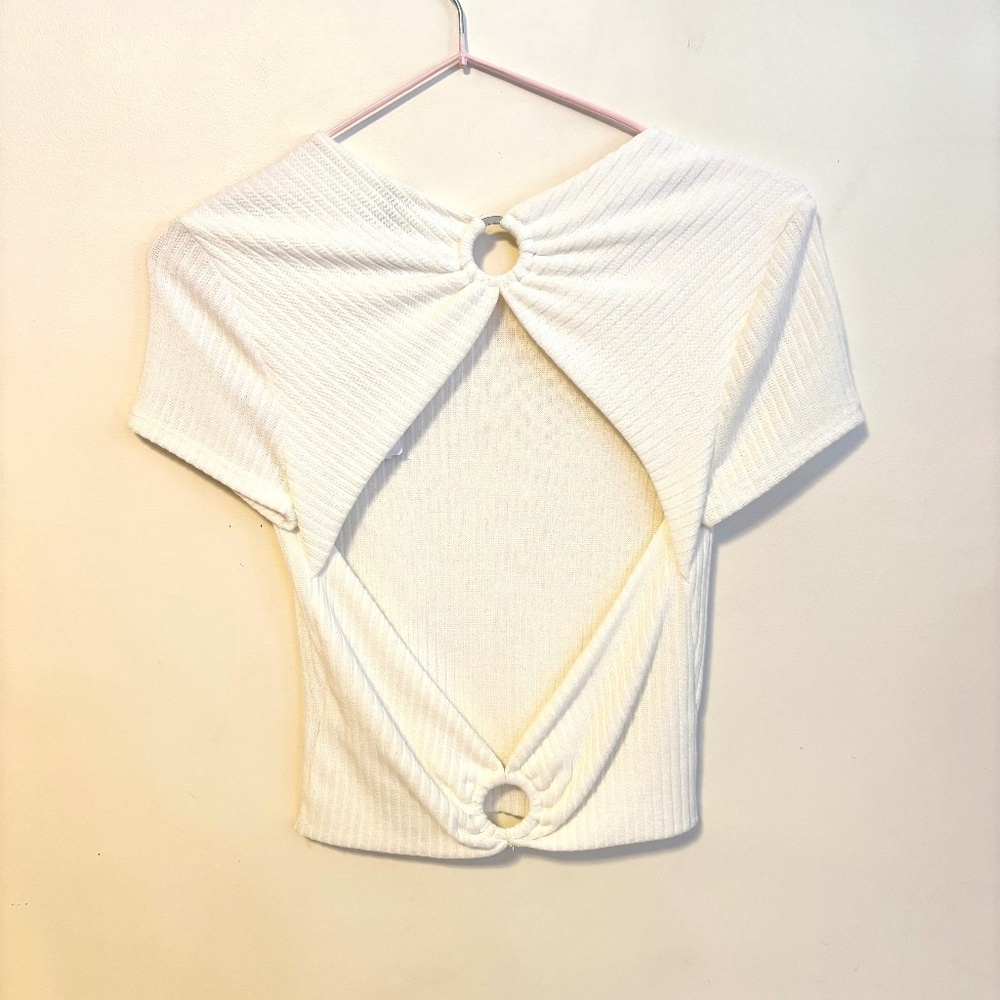 Windsor Y2K Open Back Short Sleeve Ribbed Crop Top Baby Tee Cream Small NWT